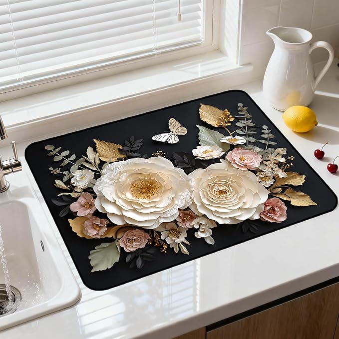 Glass Stove Top Covers for Electric Stove, Heat Resistant Counter Protector Mat, Non Slip Waterproof Surface Cover for Kitchen Counter and Cooktop (Floral Black, 28"L x 20"W)