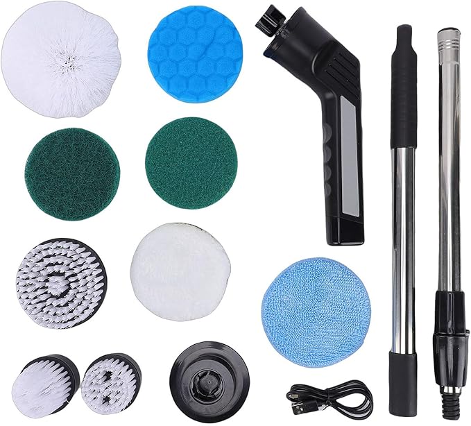 Cordless Electric Scrubber, Cleaning Brush with 9 Replaceable Brush Heads, Adjustable Extension Handle & Digital Display, Ideal for Bathroom, Tub, Tile & Shower (JY6016 Black (9 Heads))