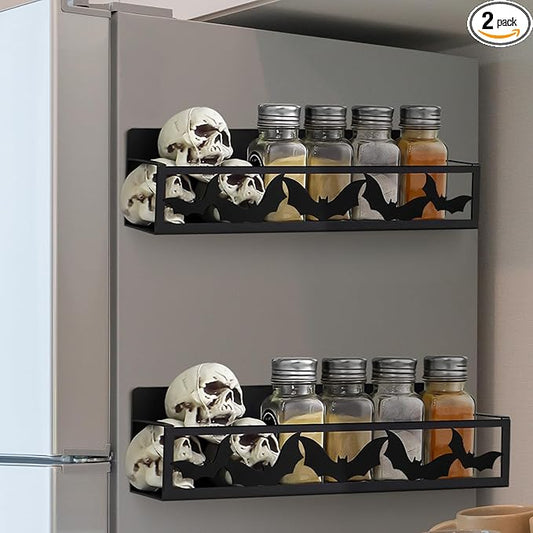 2 Pack Bat Magnetic Spice Rack for Refrigerator Metal Magnet Basket Shelf for Fridge Seasoning Storage Organizers Home Decor Kitchen Accessories (Black)