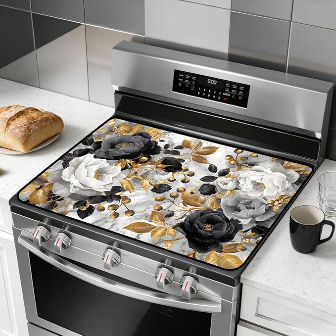 Glass Stove Top Covers for Electric Stove, Heat Resistant Counter Protector Mat, Non Slip Waterproof Surface Cover for Kitchen Counter and Cooktop (Gold Floral, 28"L x 20"W)