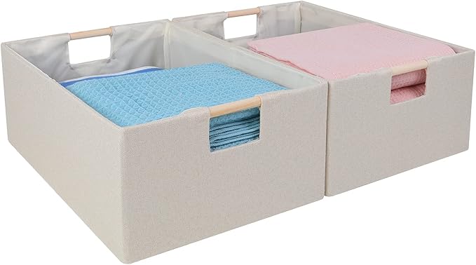 ANMINY 2PCS Storage Baskets for Organizing Collapsible Fabric Storage Bins Boxes with Wood Handles Closet Shelves Cube Organizer Bins Clothes Laundry Storage Container - Large, Beige
