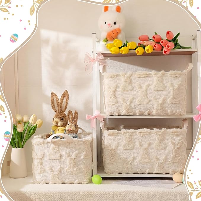 Kathfly Beige Rabbit Storage Baskets Easter Bunny Laundry Basket Plush Faux Fur Jacquard Design with Handles Waterproof Storage Bins Fabric Shelf Baskets for Easter Party Decorations