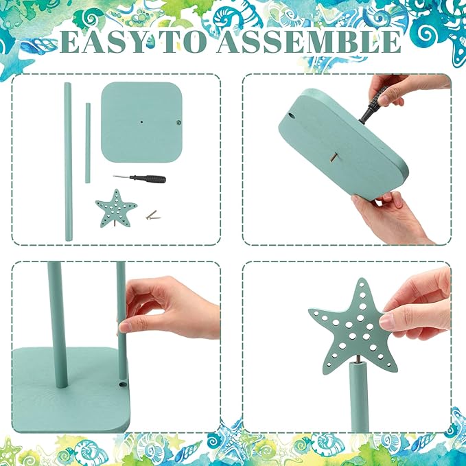 Leinuosen Beach Starfish Paper Towel Holder Rustic Beach Coastal Wooden Paper Towel Holder Turquoise Blue Nautical Ocean Bathroom Accessories Kitchen Roll Stand Organizer Apartment Housewarming Gift