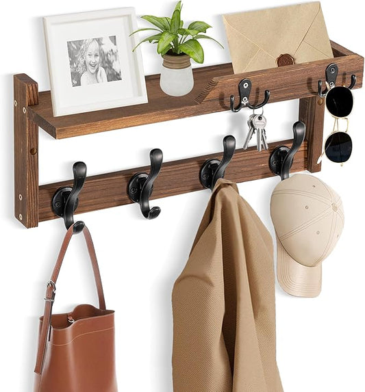 Coat Rack Wall Mount with Shelf, Coat Hanger Wall Mount with Key Hooks and Mail Holder, Wood Entryway Floating Shelf with Hooks and Storage, Hat Rack for Wall Key Holder Mail Organizer