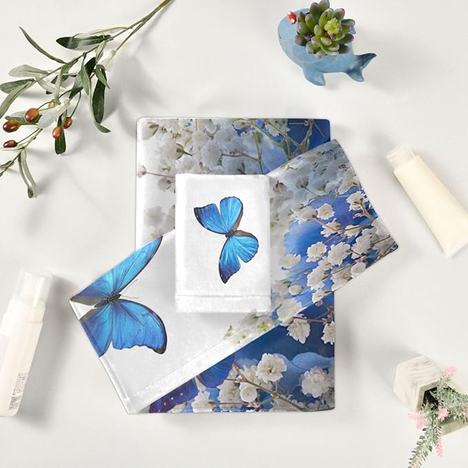 Spring Floral Bath Towels Set,Absorbent Soft 3 Piece Blue White Butterfly Elegant Flower Towel Set for Bathroom,1 Bath Towel 1 Hand Towel 1 Washcloth,Quick Dry Decoractive Bathroom Towels