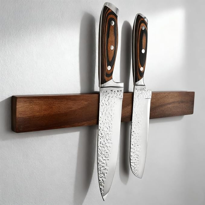 Magnetic Knife and Tool Holder | 1500 Gauss Heavy-Duty Magnet Holds 6 lbs | 16" Detachable Acacia Wood & Steel | for Kitchen Knives, Garage Tools | No-Drill Adhesive or Screw Mount