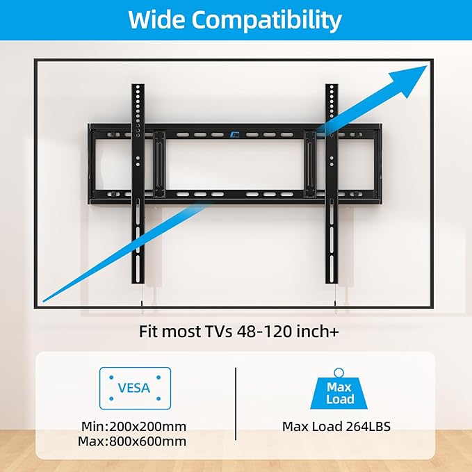 HOME VISION Heavy Duty Fixed TV Wall Mount Bracket, 264 Lbs Capacity for 48-120 Inch Extra Large Flat Screen Smart TVs, Max VESA 800x600 mm, Stud Spacing 12"-28", Low-Profile Flush Slim Design, HV8801