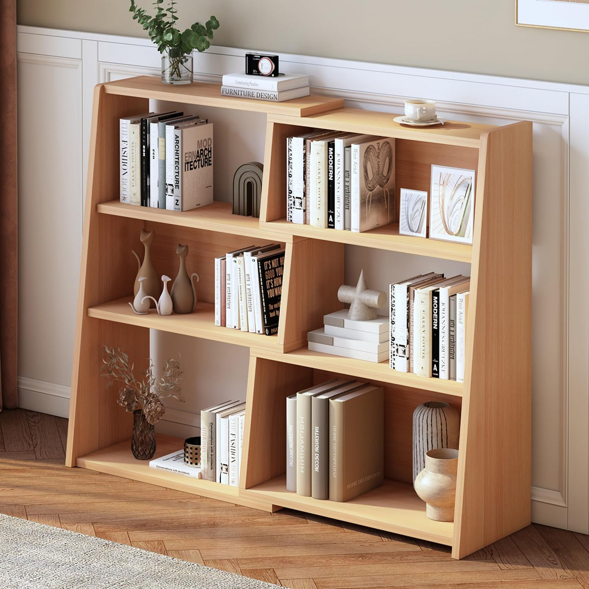 IOTXY Wooden Extendable Shelf Bookcase, 3-Tier Low Bookshelf - Image 1