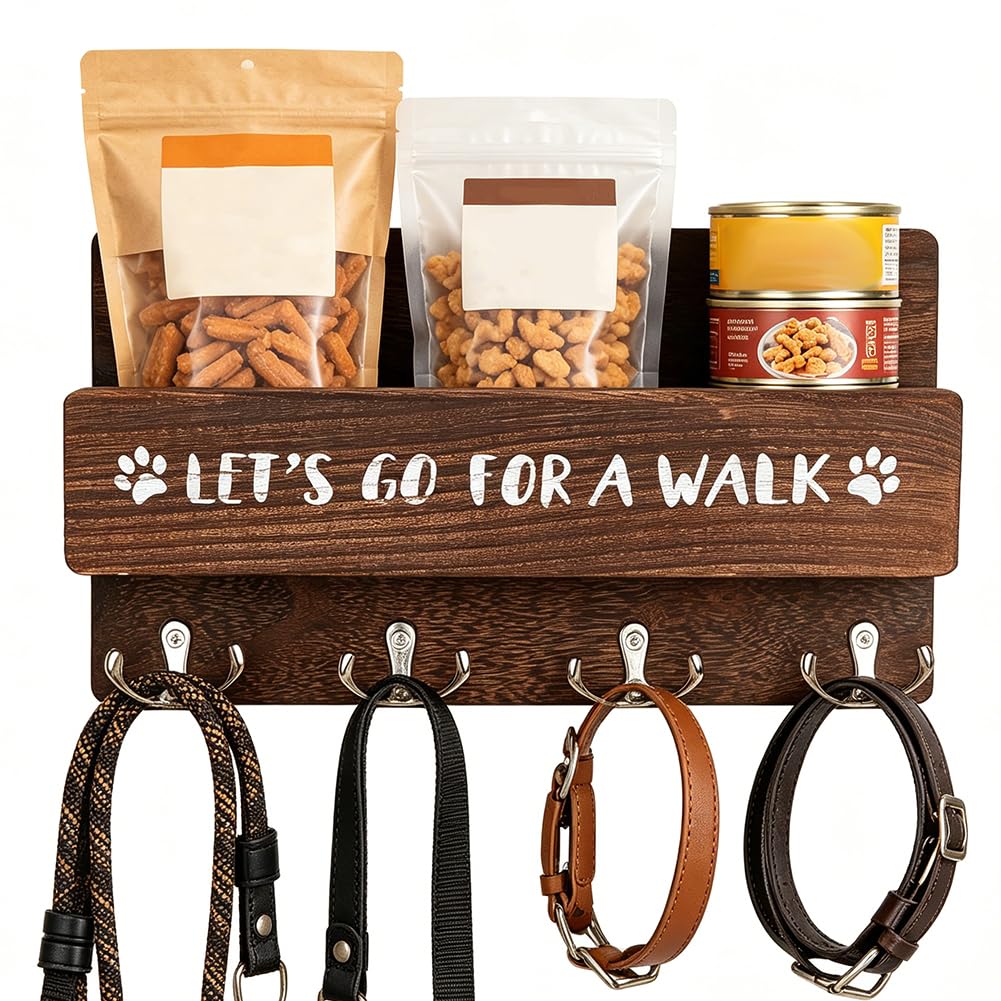 4 Hooks Wooden Dog Leash Holder Entryway Wall Organizer - Image 1