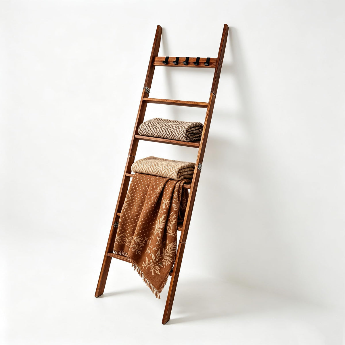 Foldable Blanket Ladder 6 Tier, 68" Solid Wood Quilt Rack - Image 1