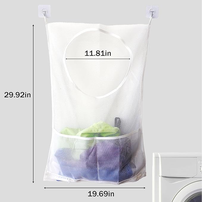Foldable Wall Laundry Bag with Pocket, 30x20in White Polyester Dirty Clothes Organizer, Bathroom & Dorm Storage, 1 Pack with 2 Hooks