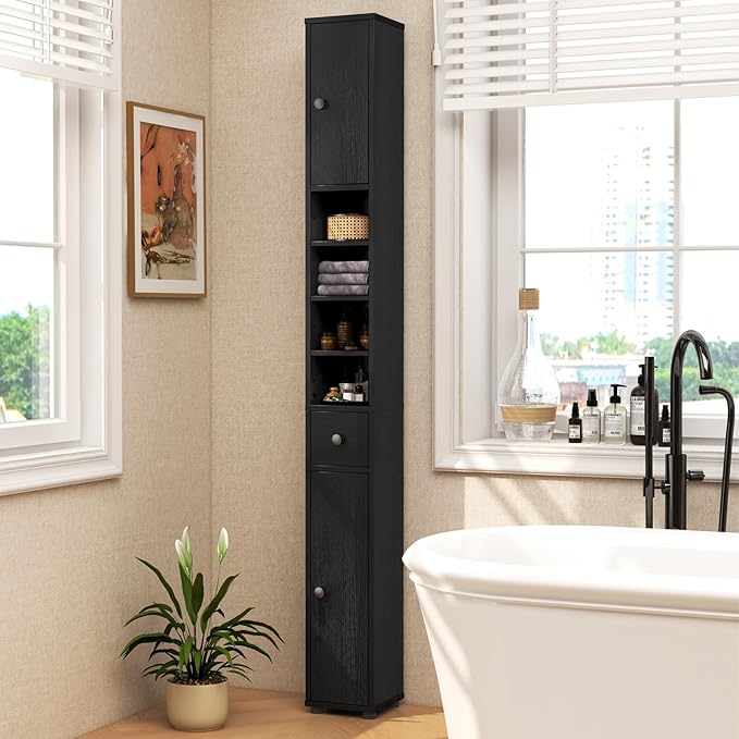 LDAILY 71”Tall Narrow Storage Cabinet, Skinny Bathroom Storage with 1 Drawer, 2 Doors, 5 Adjustable Shelves and Anti-Tipping Device, Wooden Slim Bathroom Cabinet for Office, Kitchen, Small Space