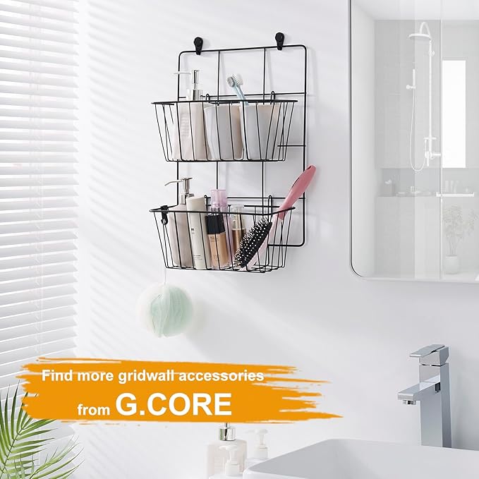 4 Pack Large Grid Wall Baskets with S-Hook - Gridwall Accessories Set Black Metal Hanging Shelf Basket Bins Organizer - Modular Storage Holders for Photo Display Panel Shelving Caddy for Garage