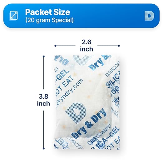 Dry & Dry 20 Gram [50 Packets] Orange Indicating Silica Gel Packets Desiccants - Food Safe Silica Packs, Silica Gel, Silica Packets, Desiccant Packs for Food Storage