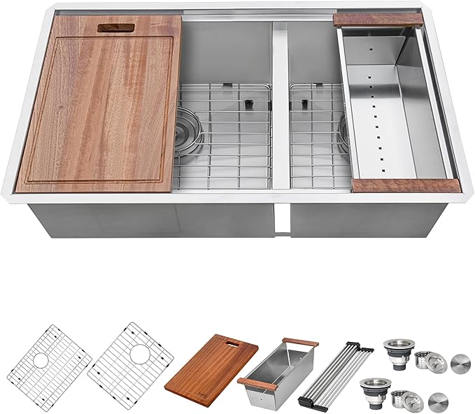 Ruvati 36-inch Workstation Kitchen Sink - 60/40 Double Bowl Undermount 16 Gauge Stainless Steel Kitchen Sink with Brushed Finish hides scratches, Easy-to-Clean Undermount Sink - RVH8359