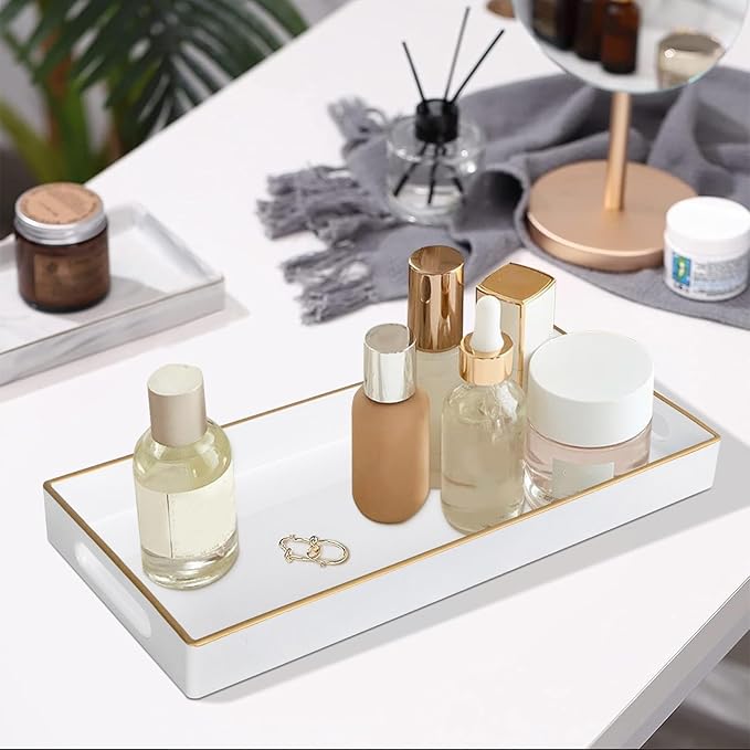 MAONAME White Vanity Tray Set of 2, Plastic Decorative Tray with Handles, Long Narrow Trays, Rectangular Bathroom Trays for Toilet Tank, 13.8" X 6" X 1.57"