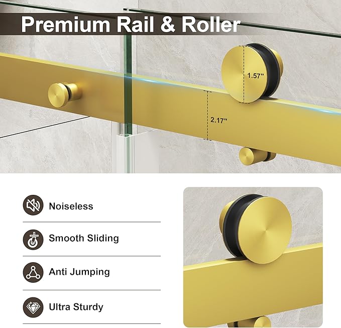 Frameless Shower Door,Single Sliding Glass Shower Door with Nano Coating & Safety Film, Adjustable 49"-54" W x 72" H, Brushed Gold,1/4" (6mm) SGCC Tempered Glass