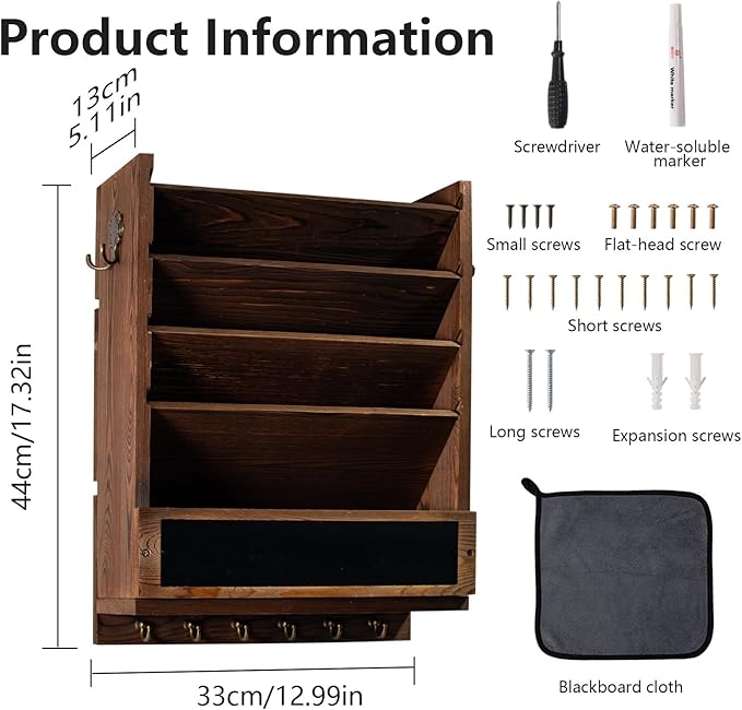 Rustic wall mail organizer,Key and Mail File Holder for Wall Mount，with 6 Key Hooks 2 Double Key Hooks A blackboard,for Home,Office, Classroom,Entryway Decor (brown)