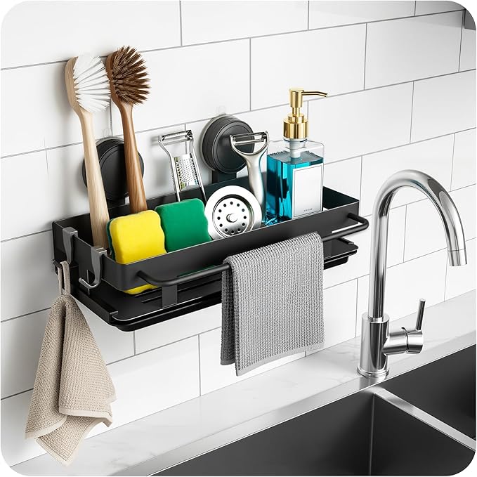BZLMDXW Sponge Holder for Kitchen Sink, Sink Caddy Organizer with High Brush Holder 304 Rustproof Stainless, Kitchen Countertop Soap Dispenser Organizer, Decor and Accessories