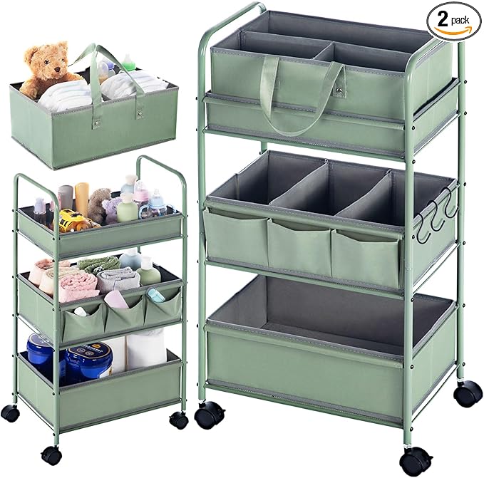 Honeydak 2in1 Baby Diaper Caddy Organizer Cart 3 Tier Large Capacity Metal Utility Bedside Rolling Cart with Divider Newborn Registry Nursery Essential Must Have Crib Bedroom Baby Shower(Green)