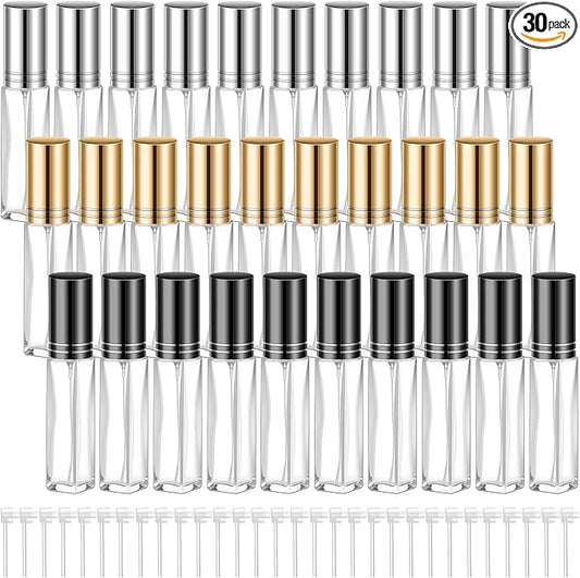 Domensi 30 Pcs 10/20/30 ml Perfume Travel Refillable Bottles Glass Spray Bottle Perfume Atomizer for Cologne Dispenser Leak-proof Fragrance Bottles Atomizer Pump Bottle Kit (Gold, Silver, Black)