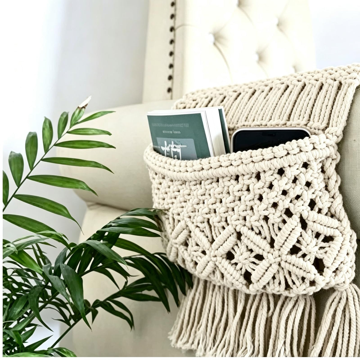 Sofa Armrest Organizer, Armchair Caddy, Macrame Couch Organizer - Image 1