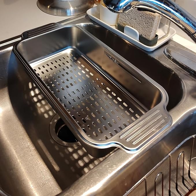 Stainless Steel Extendable Colander Strainer, Metal Washing Basket for Vegetable and Fruit, Easy to Clean, Drain Quickly (S)