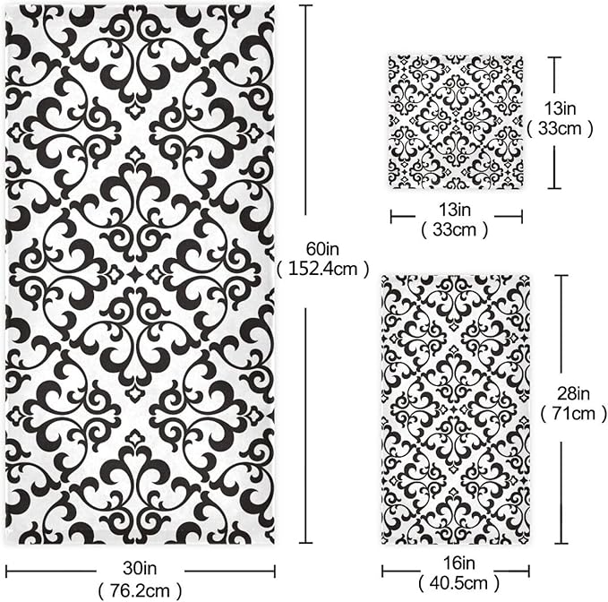 3 Piece White Black Damask Pattern Bath Towel Set,Microfiber Decorative Damask Floral Modern Abstract Bathroom Towels,1 Bath Towel 1 Hand Towel for Bathroom Kitchen,1 Washcloth for Body Face
