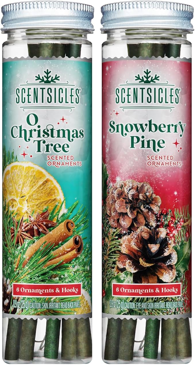 Scentsicles O Christmas Tree and Snowberry Pine Scented Christmas Ornaments with Hooks - 2 Pack (2 Bottles, 12 Sticks Total)