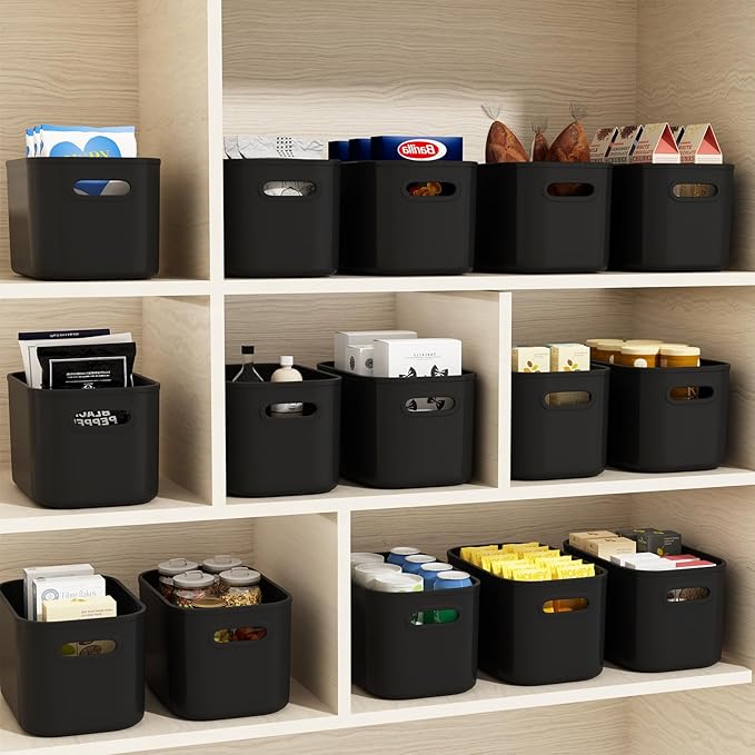12 Pack Black Plastic Storage Bins, Storage Container for Organizing, Storage Boxes with Handle for Shelves, Cute Organizer Bins for Craft, Snacks, Pantry, Cabinet, 8.7x6.7x5.66inch