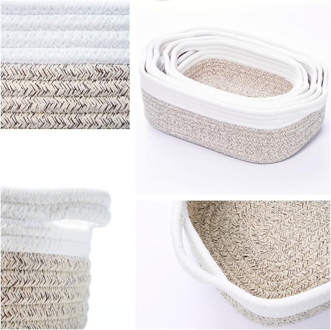 Storage Basket Set – 5-Piece Baskets for Organizing Home, Shelves, Nursery, Bathroom, Dog Toys, Small to Large Decorative Baskets – White and Mixed Brown