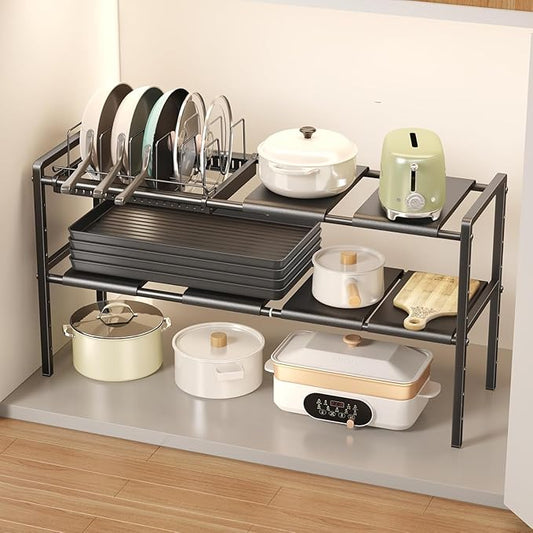 Pots and Pans Organizer Under Cabinet, Expandable 2 Tier Under Sink Organizers and Storage Adjustable Height Kitchen Pot and Pan Lid Holder Rack with 6 Dividers(6panels,1 Pot rack, Black)