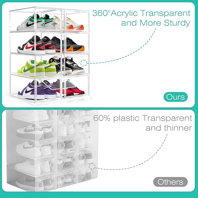 12 Pack Drop-Front Clear Shoe Storage Box Acrylic Box Shoe Organizer Size 13, Stackable Shoe Tower with Magnetic Door Large Storage Bins for Sneaker Containers Display & Closet Organization