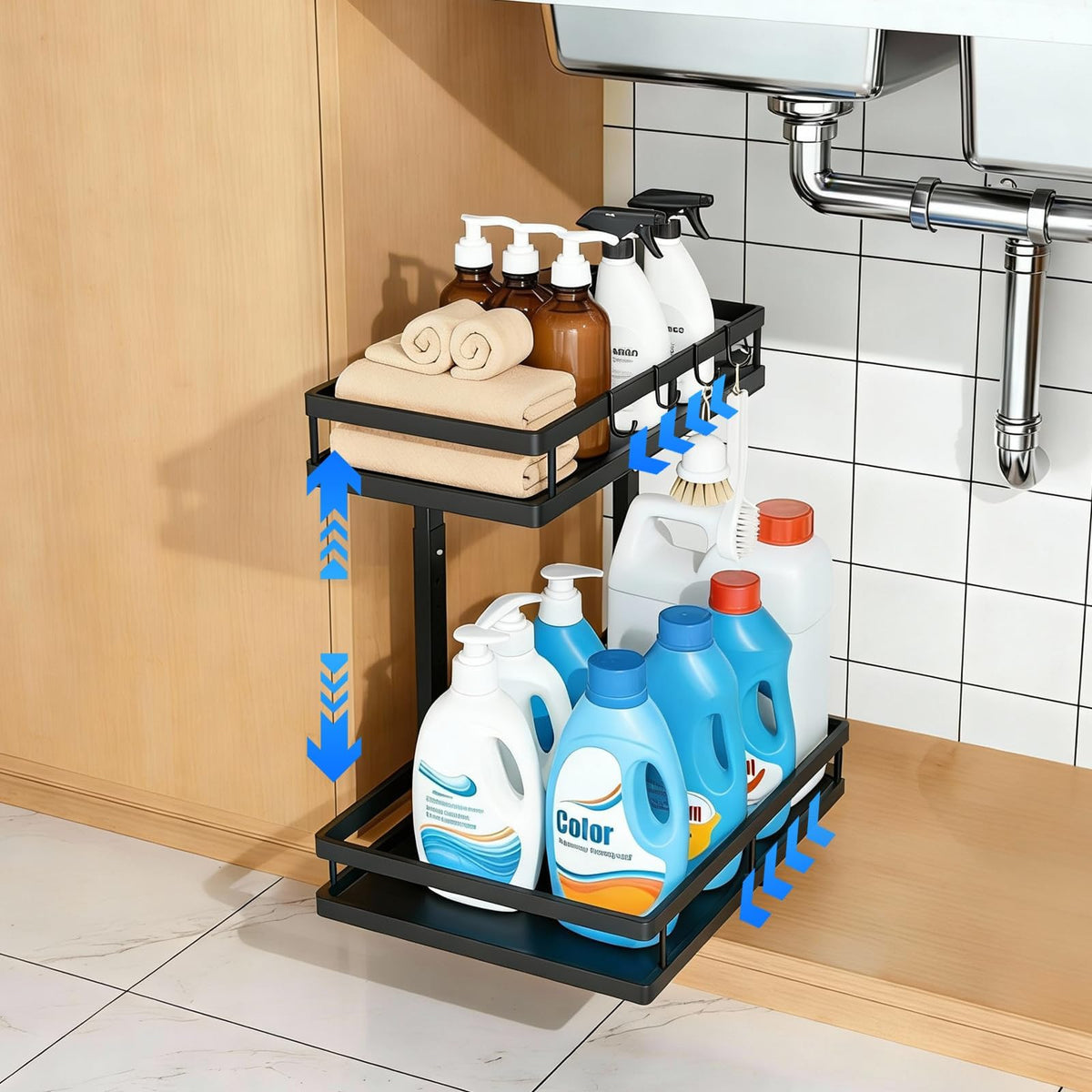 2-Tier Metal L-Shaped Pull-Out Under Sink Organizer, Black - Image 1