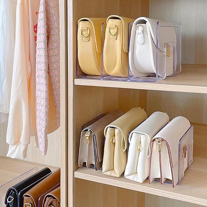 YAGELI Clear Acrylic Purse Organizer for Closet, 3-4 Section Desk File Sorter, 2.95" Wide Slots for Clutches, Handbags, Binders & Folders, Sturdy Stackable Bookshelf Organizer, 2-Pack (3 Sections)