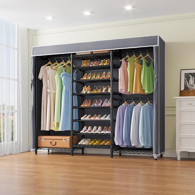 VIPEK S3C Heavy Duty Portable Closet with Adjustable Shoe Rack Wire Shelf, Large Wardrobe Organizer for Bedroom Storage, Freestanding Clothes Rack with Hanging Rod, Custom Black Rack with Grey Cover
