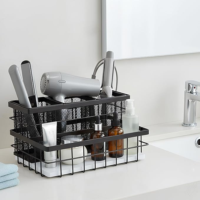 1 Pcs 1pcs Hair Tool Organizer Countertop Breathable Metal Bamboo Hot Tools Vanity Organizer Under Sink Bathroom Hair Dryer Holder Countertop Brush Comb Holder Tray (White Bamboo,Black)