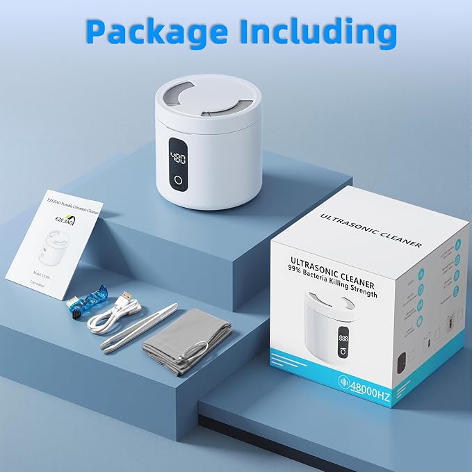 Ultrasonic Retainer Cleaner Machine, Rechargeable Denture Cleaner 4000mAh Battery | 48kHz Ultrasonic Dental Cleaning Pod for Night Guard, Invisalign, Braces, Denture, Toothbrush and Jewelry - White