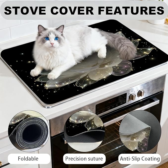 Glass Stove Top Covers for Electric Stove, Heat Resistant Counter Protector Mat, Non Slip Waterproof Surface Cover for Kitchen Counter and Cooktop (Glow Lotus, 28"L x 20"W)