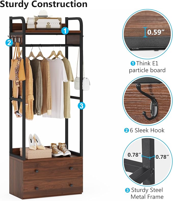 Tribesigns Freestanding Closet Organizer Small Clothes Rack Coat Rack with Drawers and Shelves, Heavy Duty Small Garment Rack Industrial Hall Tree for Hallway, Entryway, Bedroom