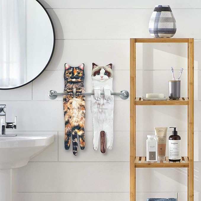 PAT JUUMG Funny Cat Hand Towels for Bathroom Kitchen Decor, Cute Decorative Hanging Face Towels,Super Absorbent Soft, Housewarming Gift, Cat Lovers Gifts for Women