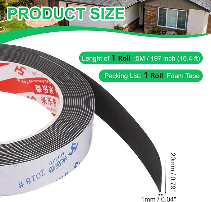 PATIKIL Sponge Rubber Foam Tape, 25/32" W x 1/32" t x 16.4ft l Self-Adhesive Foam Insulation Tape Weather Stripping for Window Door Soundproofing Weatherstrip AC Seal Strip, Black