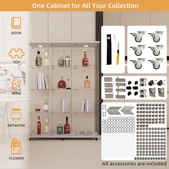LFT HUIMEI2Y Glass Display Cabinet 12 Shelves with 3 Columns 2 Doors, LED Light and Lock, Extra Large Curio Cabinets Quick-Install Style Tempered Glass Bookshelf for Living Room, Kitchen White