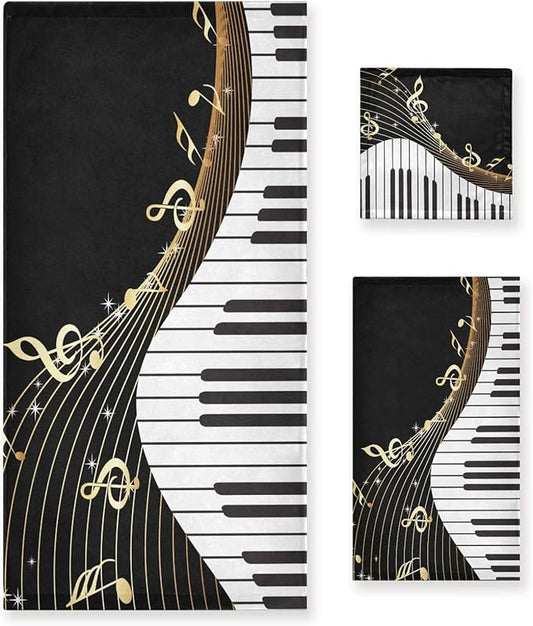 3 Piece Black White Gold Music Theme Bath Towel Set,Microfiber Golden Musical Notes Piano Instrument Decorative Guest Bathroom Towels,1 Bath Towel 1 Hand Towel for Kitchen,1 Washcloth for Face
