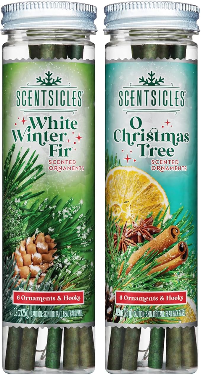 Scentsicles White Winter Fir and O Christmas Tree Scented Christmas Ornaments with Hooks - 2 Pack (2 Bottles, 12 Sticks Total)