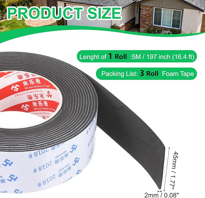 PATIKIL 3Roll Sponge Rubber Foam Tape, 1 3/4" W x 5/64" t x 16.4ft l Self-Adhesive Foam Insulation Tape Weather Stripping for Window Door Soundproofing Weatherstrip AC Seal Strip, Black