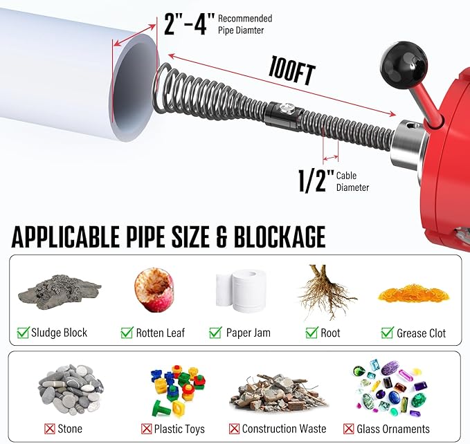 100 ft x 1/2 inch POPULO Auto Feed Electric Drain Snake Auger for 2 to 4 Inch Pipes, Sewer Plumbing Snake Auger, Heavy Duty Drain Cleaner Machine with 8 Cutters & 1 Root Killer & Gloves