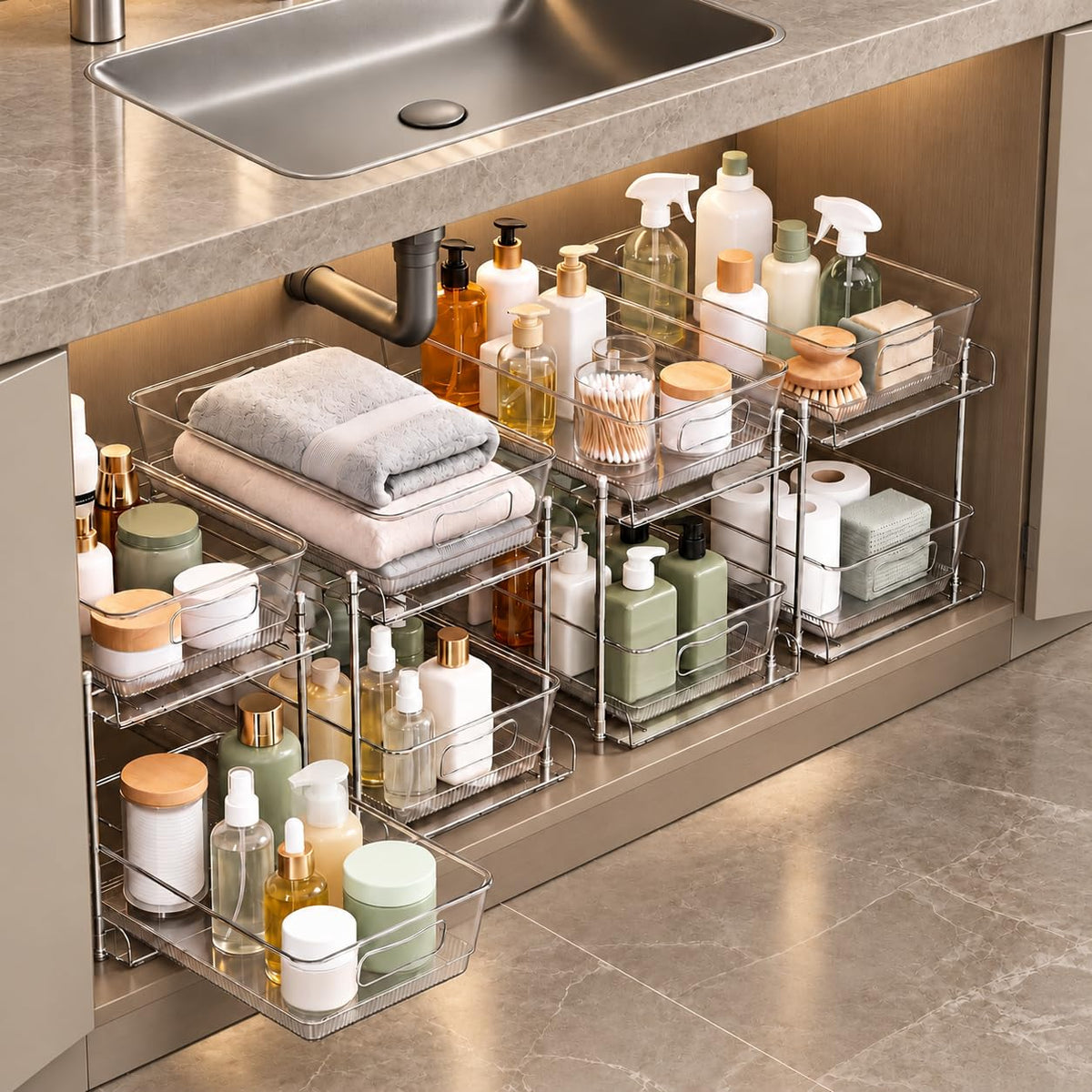 4 Pack Pull Out Bathroom Under Sink Organizer, Clear - Image 1