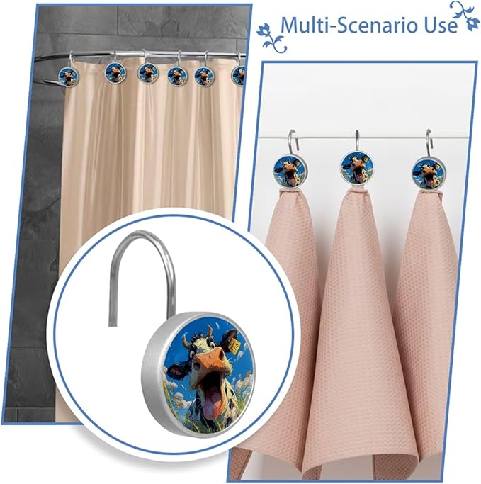 12 Packs Funny Cow Pattern Shower Curtain Hooks, Stainless Steel Glass Shower Curtain Rings for Bathroom Decor, Metal Rustproof Curtain Rod Hooks