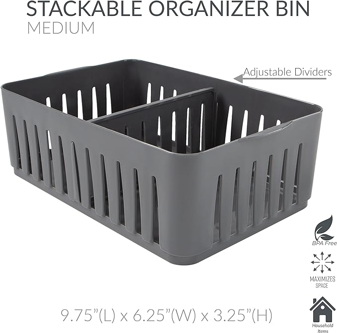 Simplify 4 Pack 3 Compartment Stackable Bin with Adjustable Dividers | Drawer Organizer | Storage Basket | Good for Office | Desk Supplies | Dorm | Bathroom | Accessories | Make Up | Grey